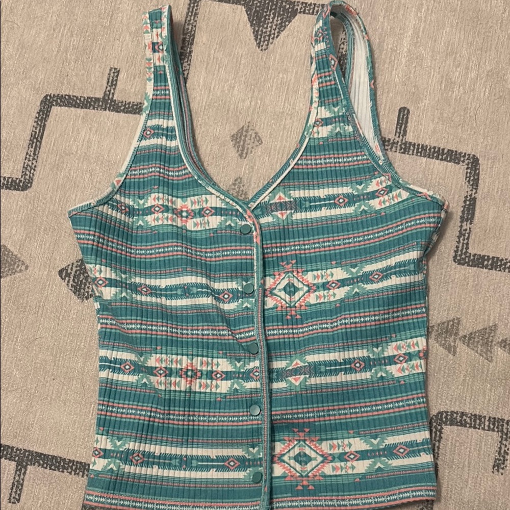 Rock & Roll Cowgirl Green Fitted Buttoned Tank Top